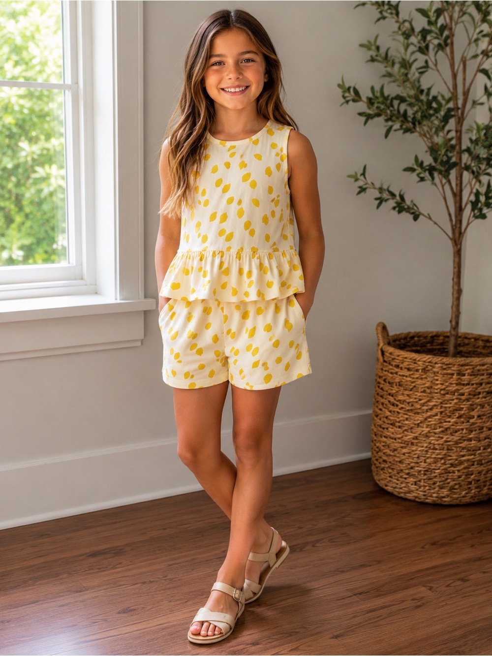 Hanna Andersson Girls US 10 140 cm Lemon Print Ruffle Top Shorts 2 Piece Set